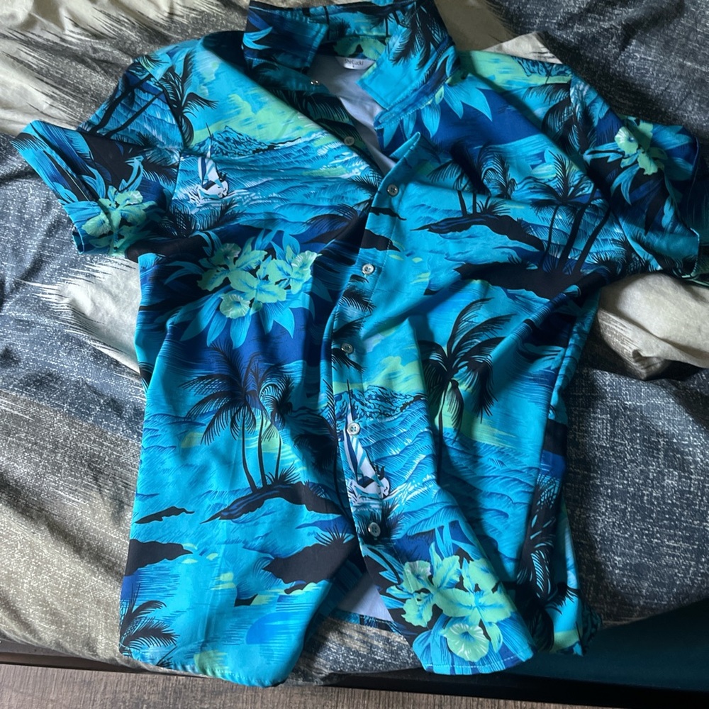 Blue and Green Casual Button Down Shirt with Tropical Print